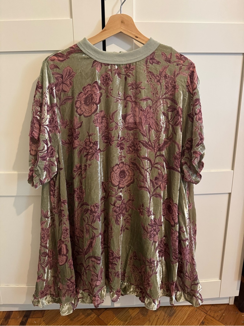 Free People Olive Green Velvet Tunic with Pink Floral Burnout